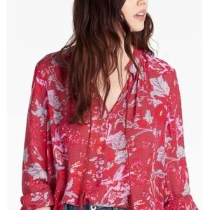 Lucky Brand Red Floral V-Neck Boho Blouse